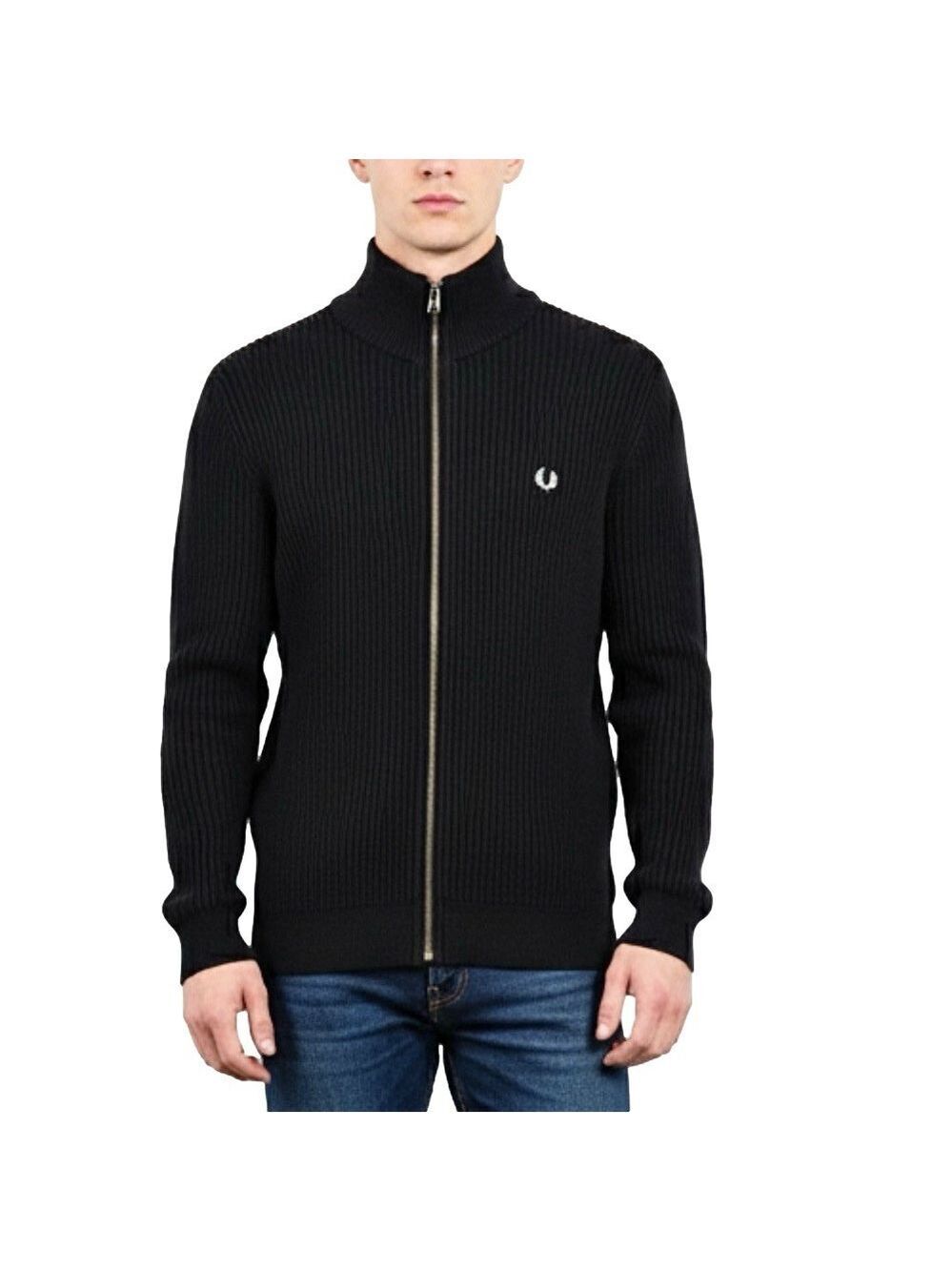 Fred Perry pure cotton black full zip ribbed knit mock neck cardigan sweaterM